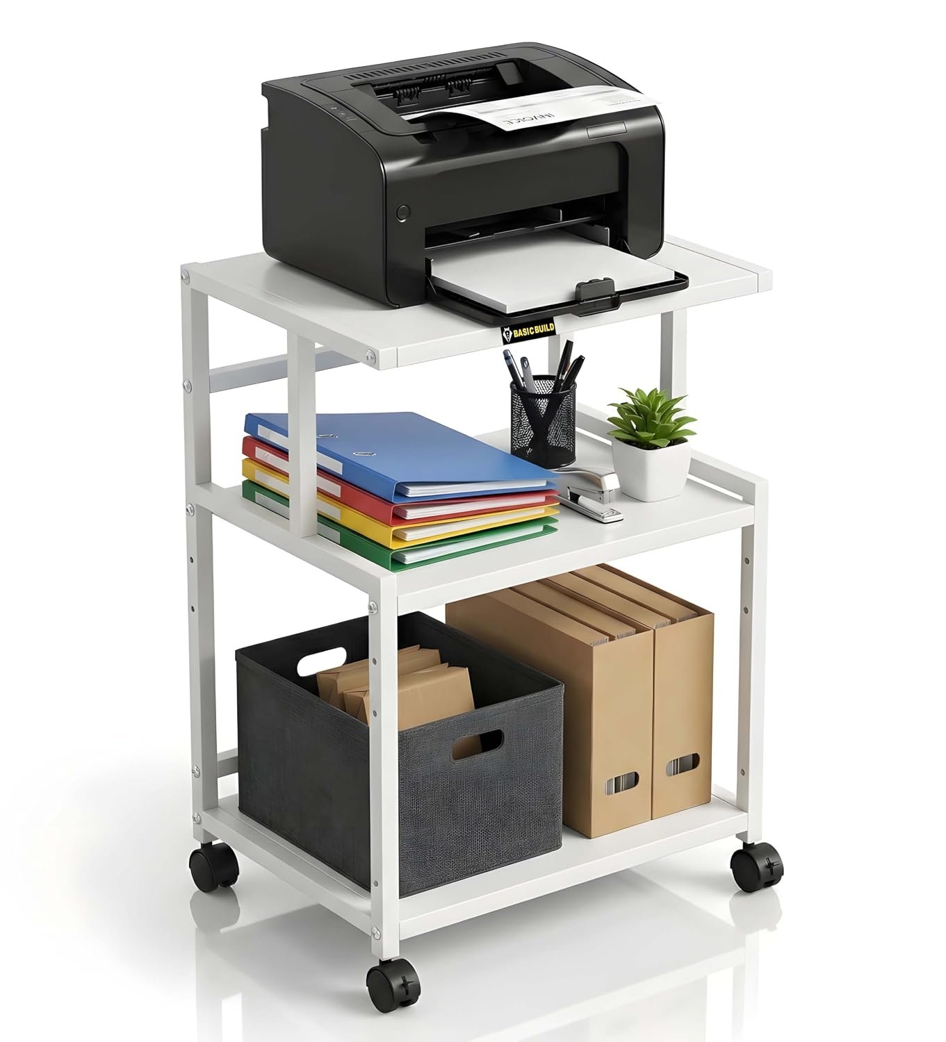 Premium Metal Iron White Printer Stand with Wheels – Heavy-Duty & Stylish